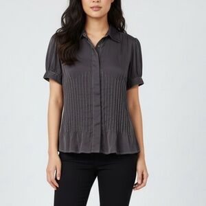 Black Short-Sleeve Button-Down Blouse with Contrast Stitching – Size S